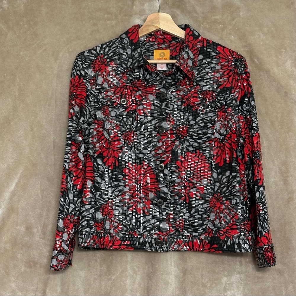 Ruby Rd Womens Shirt Jacket Red Gray Black Floral Shiny Size 10